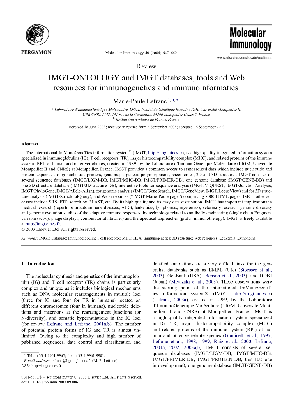 IMGT-ONTOLOGY and IMGT Databases, Tools and Web