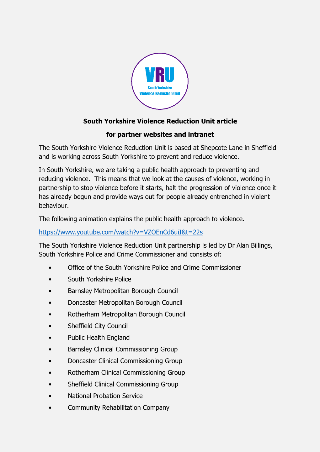 South Yorkshire Violence Reduction Unit Information for Partners