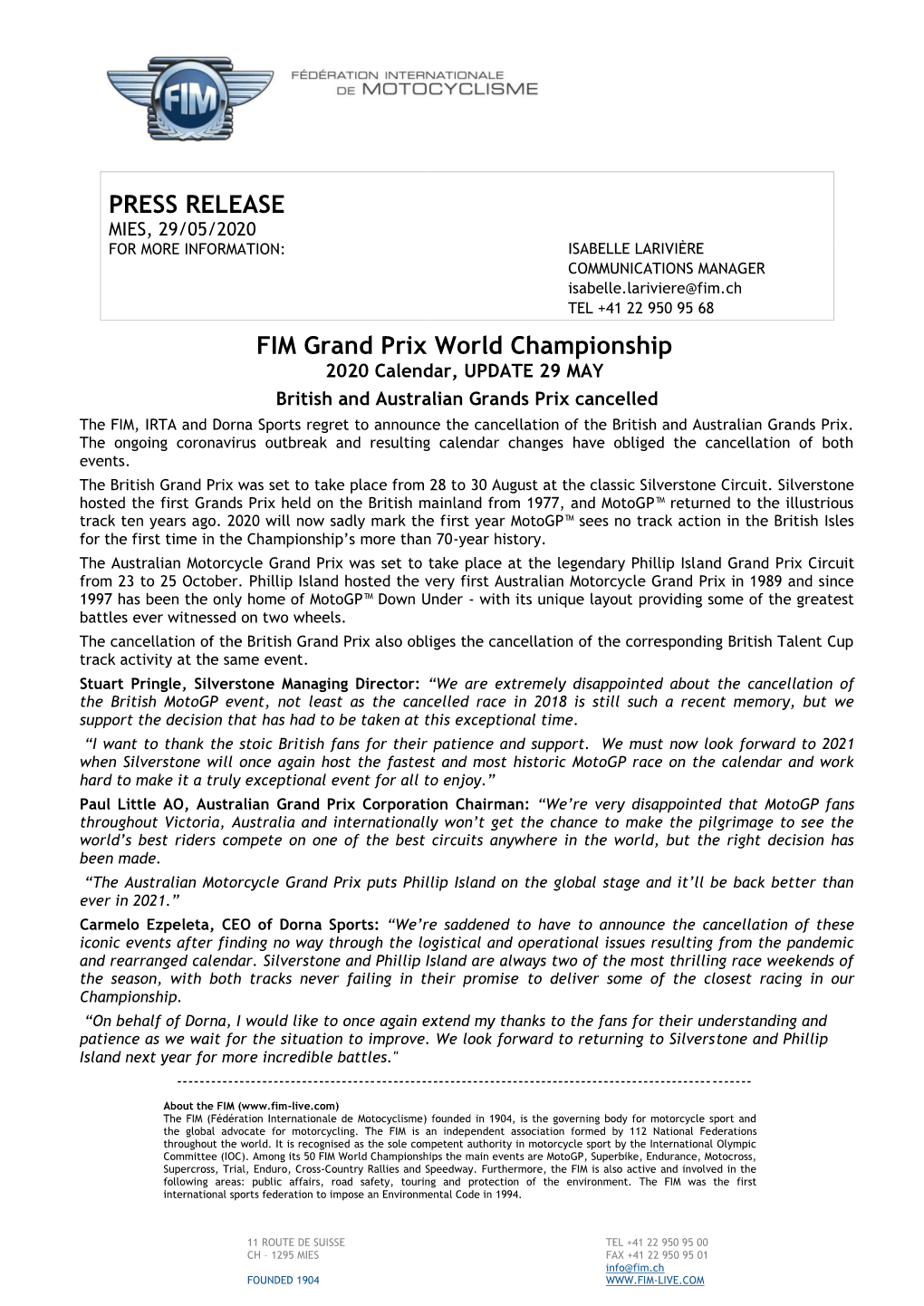 PRESS RELEASE FIM Grand Prix World Championship