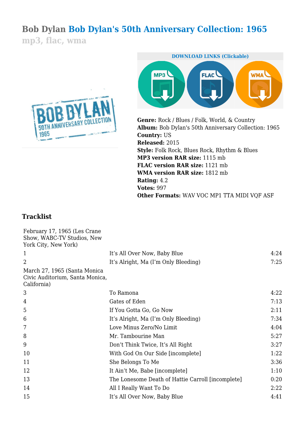 Bob Dylan Bob Dylan's 50Th Anniversary Collection: 1965 Mp3, Flac, Wma