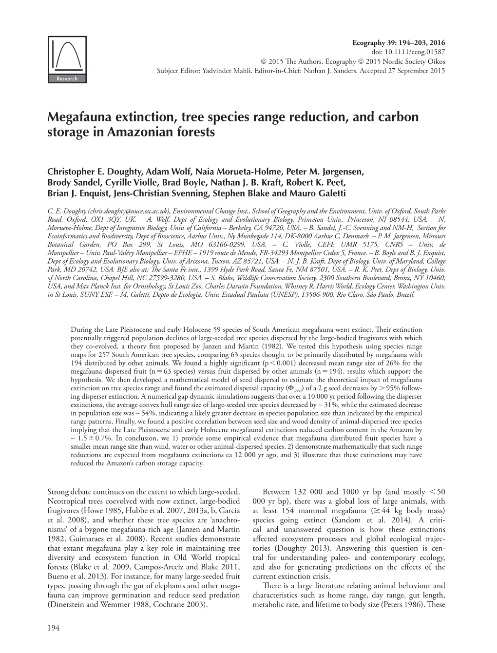 Megafauna Extinction, Tree Species Range Reduction, and Carbon Storage in Amazonian Forests