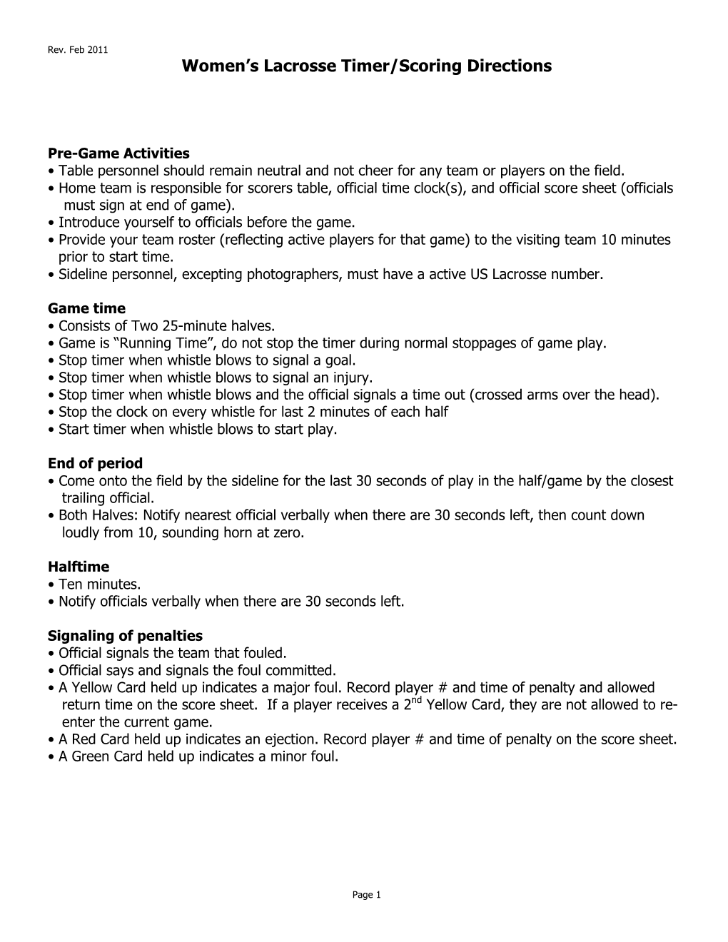 Women's Lacrosse Timer/Scoring Directions