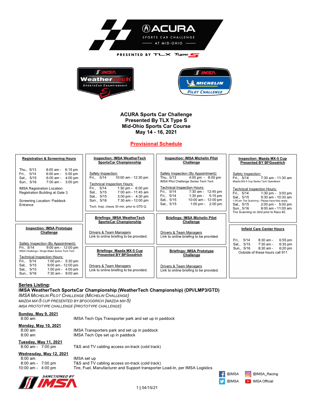 2021 IMSA Provisional Schedule and SR M-O 041521 V1