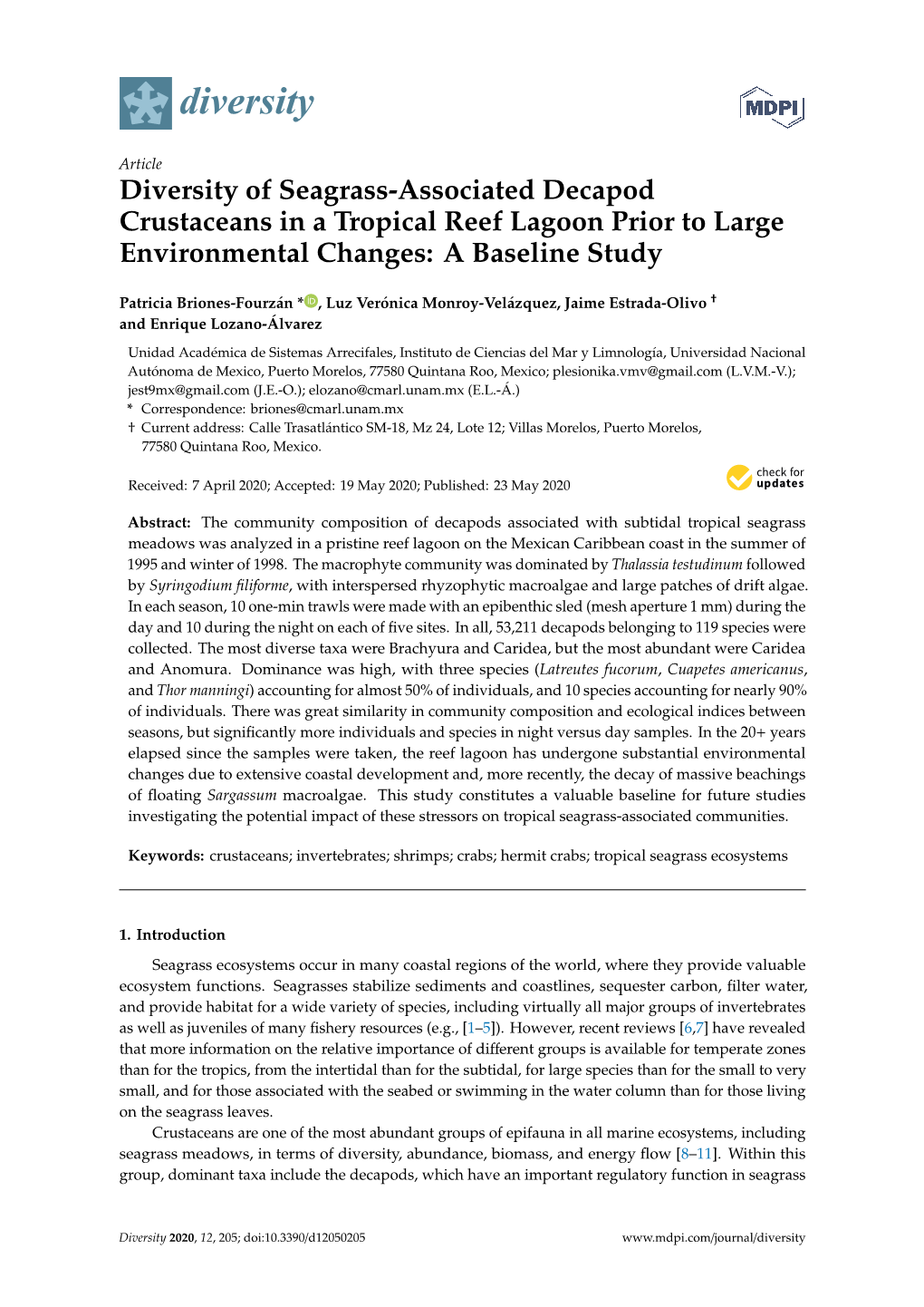 Diversity of Seagrass-Associated Decapod Crustaceans in a Tropical Reef Lagoon Prior to Large Environmental Changes: a Baseline Study