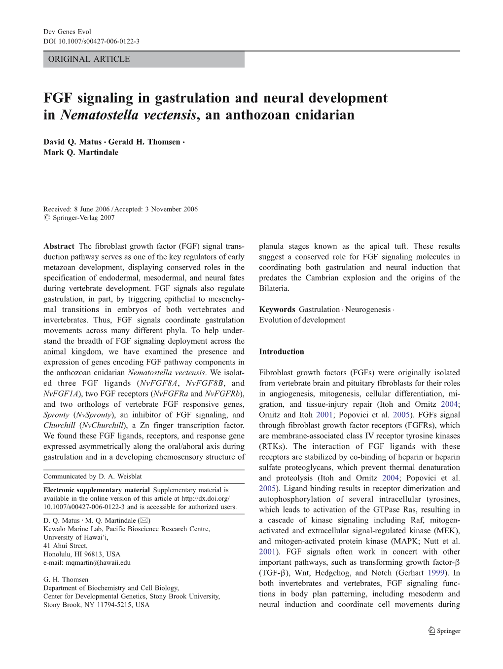 FGF Signaling in Gastrulation and Neural Development in Nematostella Vectensis, an Anthozoan Cnidarian