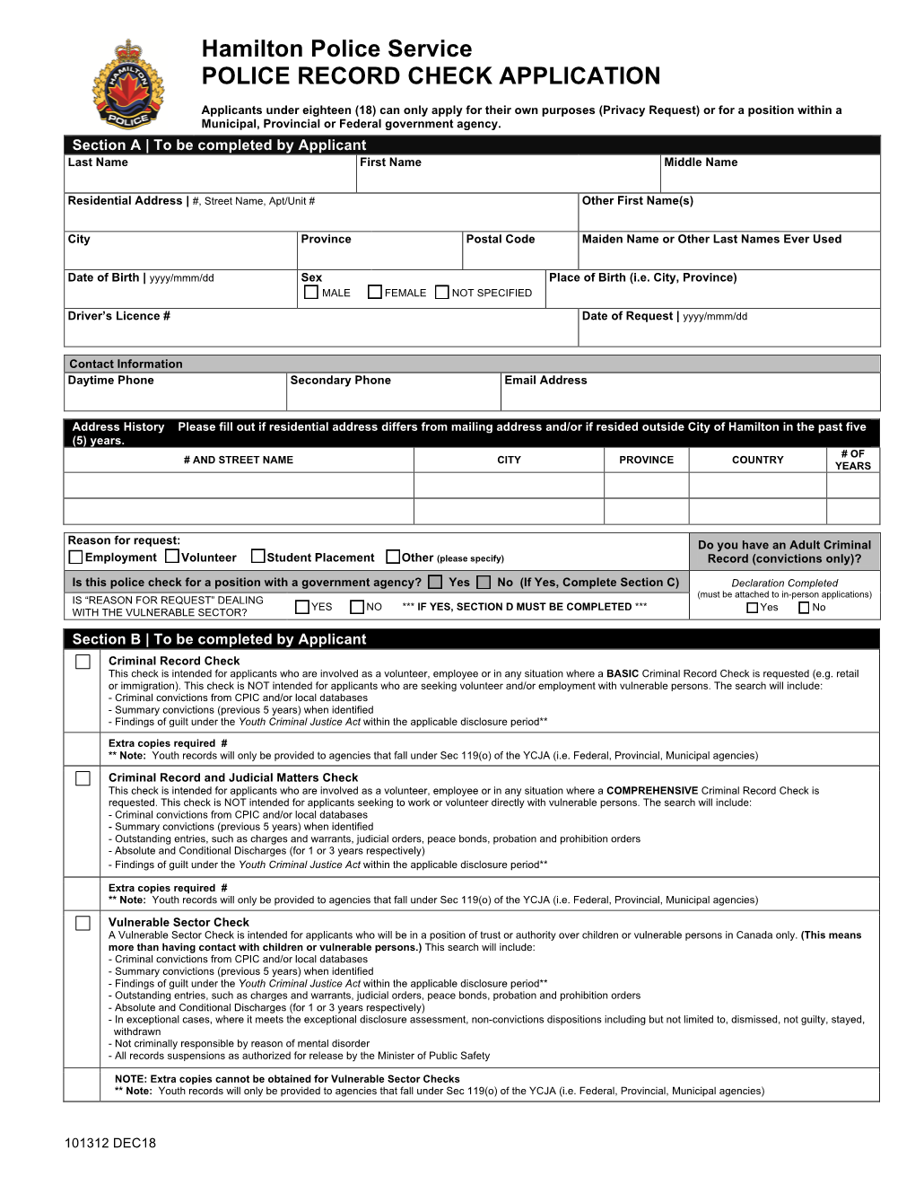 Hamilton Police Service POLICE RECORD CHECK APPLICATION