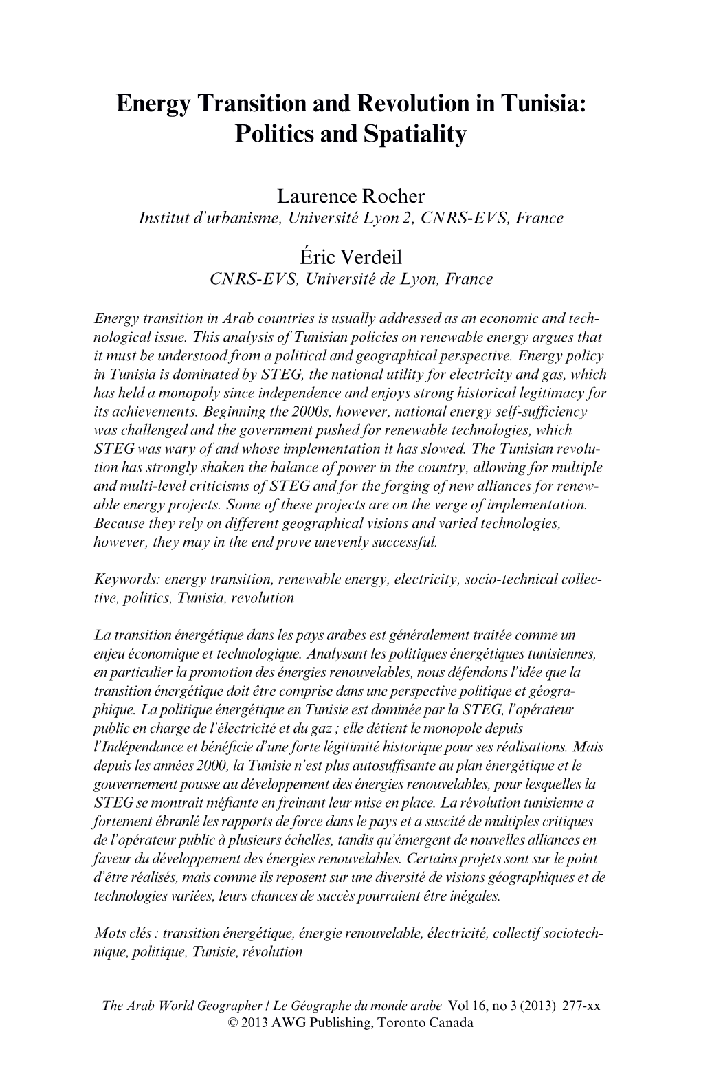 Energy Transition and Revolution in Tunisia: Politics and Spatiality