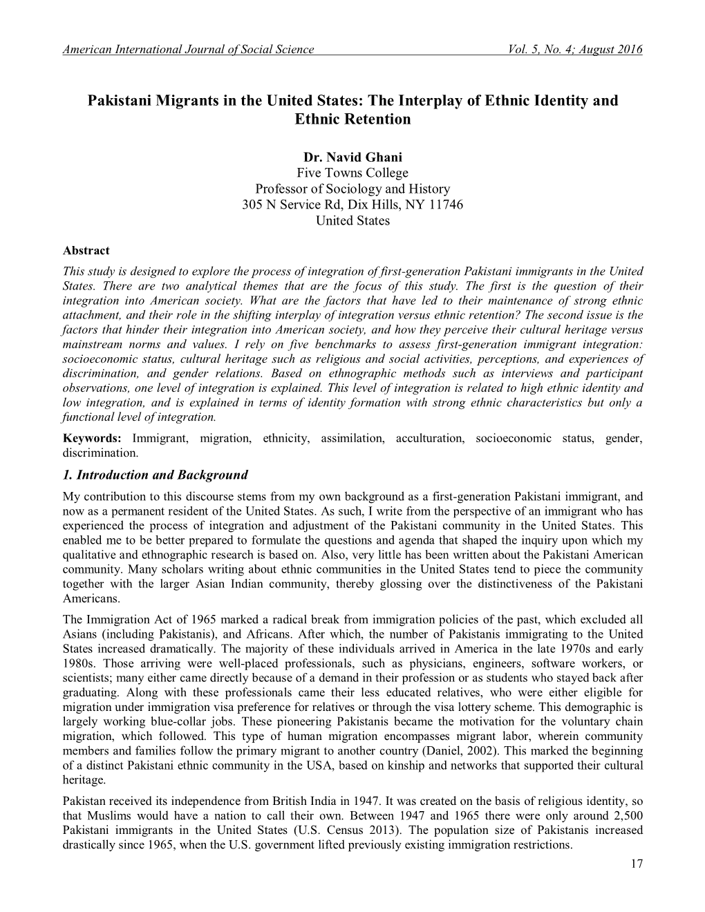 Pakistani Migrants in the United States: the Interplay of Ethnic Identity and Ethnic Retention