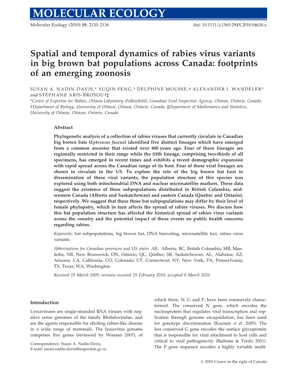 Spatial and Temporal Dynamics of Rabies Virus Variants in Big Brown Bat Populations Across Canada: Footprints of an Emerging Zoonosis