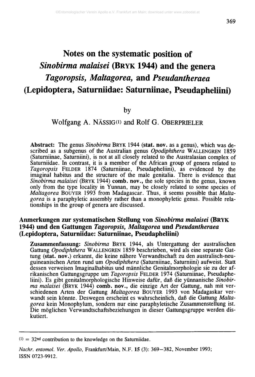 Notes on the Systematic Position of Sinobirma Malaisei
