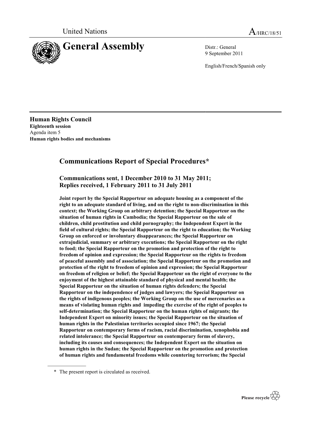 Communications Report of Special Procedures*