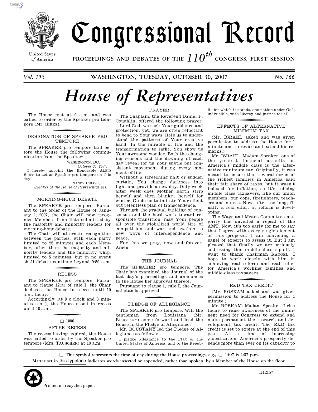 Congressional Record United States Th of America PROCEEDINGS and DEBATES of the 110 CONGRESS, FIRST SESSION