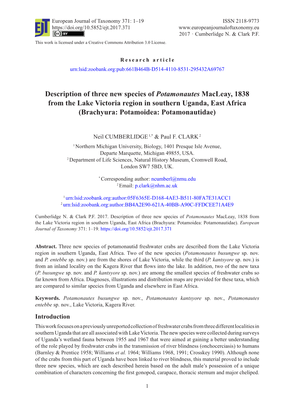 Description of Three New Species of Potamonautes Macleay, 1838 from the Lake Victoria Region in Southern Uganda, East Africa (Brachyura: Potamoidea: Potamonautidae)