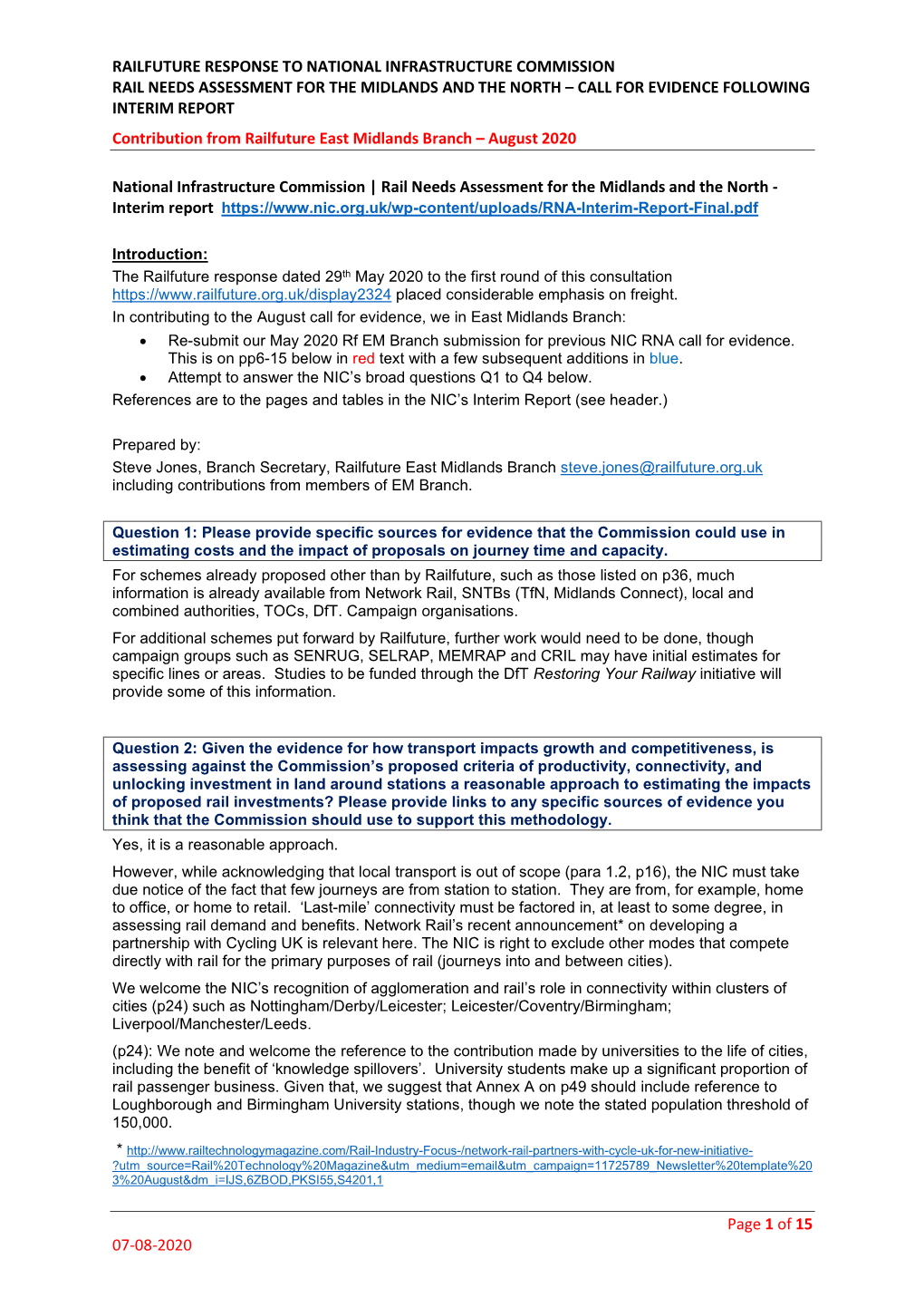 Railfuture Response to National Infrastructure