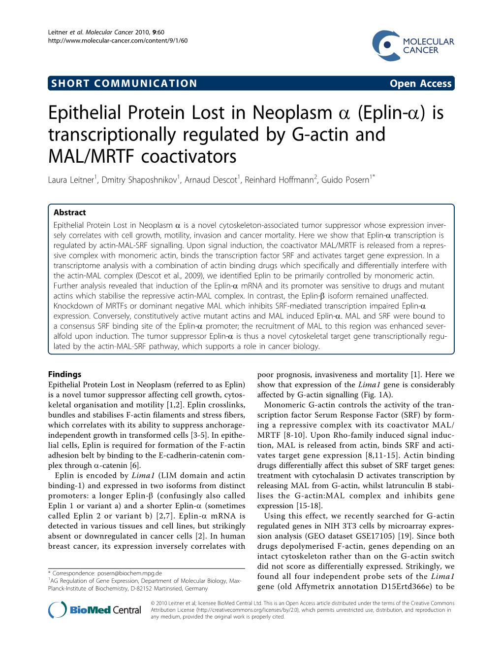 Epithelial Protein Lost in Neoplasm a (Eplin-A) Is Transcriptionally Regulated by G-Actin and MAL/MRTF Coactivators