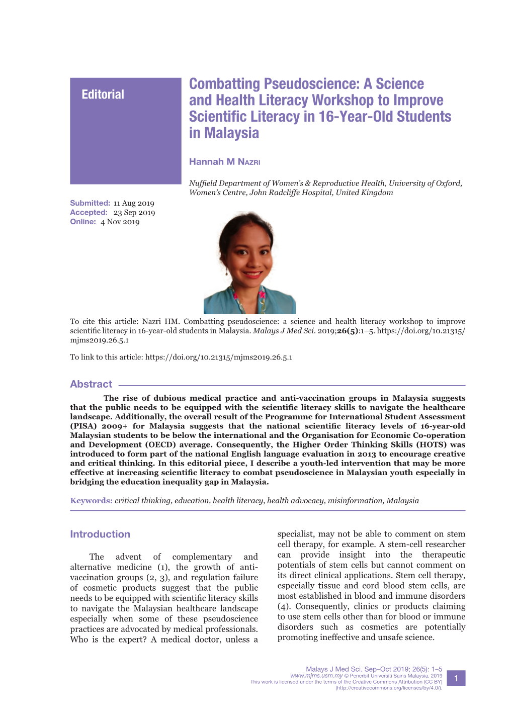 Combatting Pseudoscience: a Science Editorial and Health Literacy Workshop to Improve Scientific Literacy in 16-Year-Old Students in Malaysia
