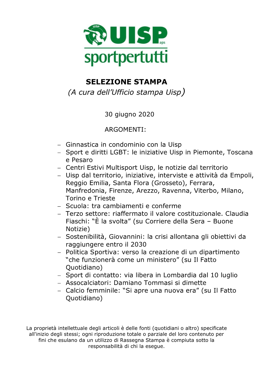 SELEZIONE STAMPA (A Cura Dell'ufficio Stampa Uisp)