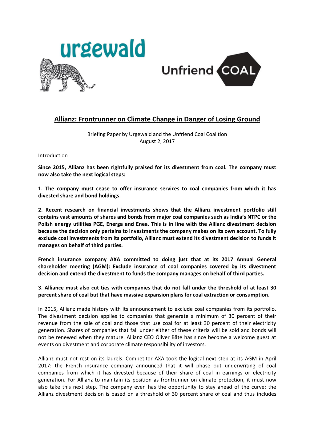 Allianz: Frontrunner on Climate Change in Danger of Losing Ground