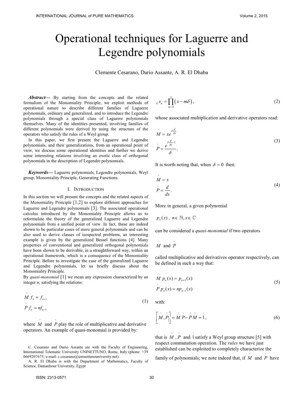 Operational Techniques for Laguerre and Legendre Polynomials