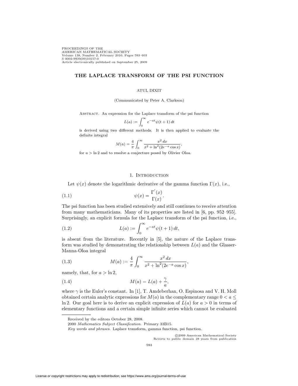 The Laplace Transform of the Psi Function