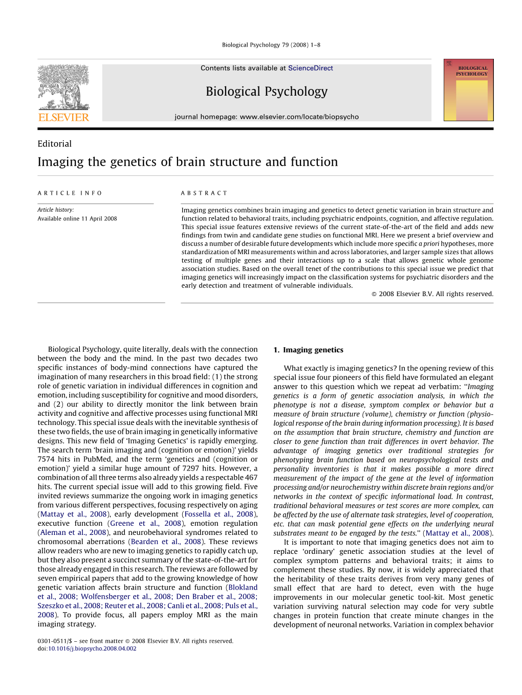 Imaging the Genetics of Brain Structure and Function Biological Psychology