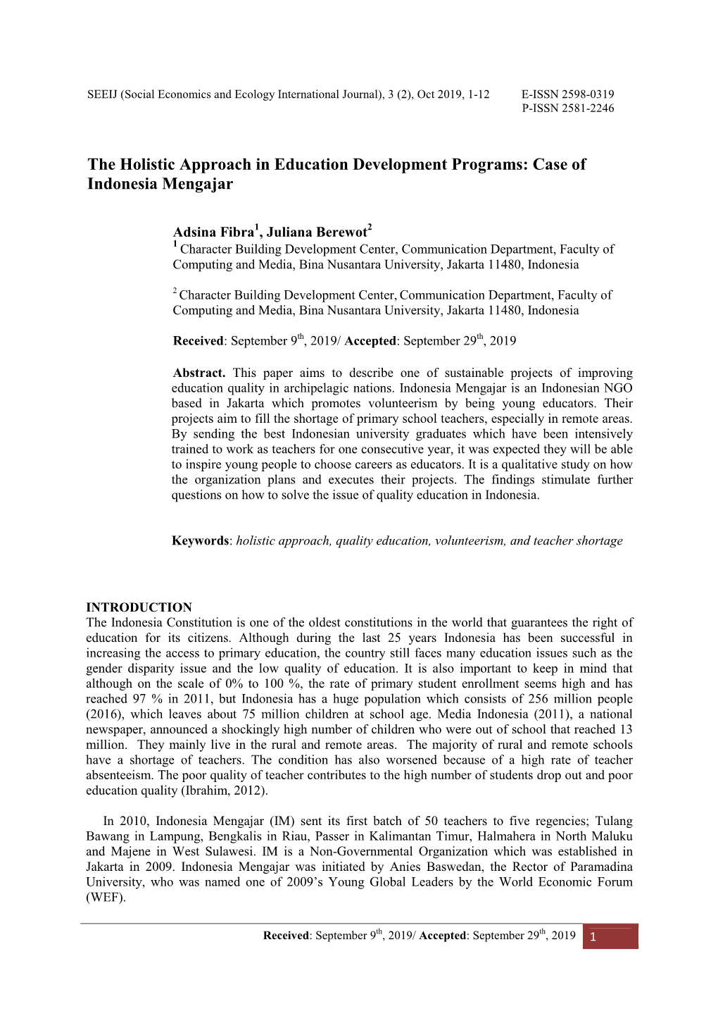 The Holistic Approach in Education Development Programs: Case of Indonesia Mengajar