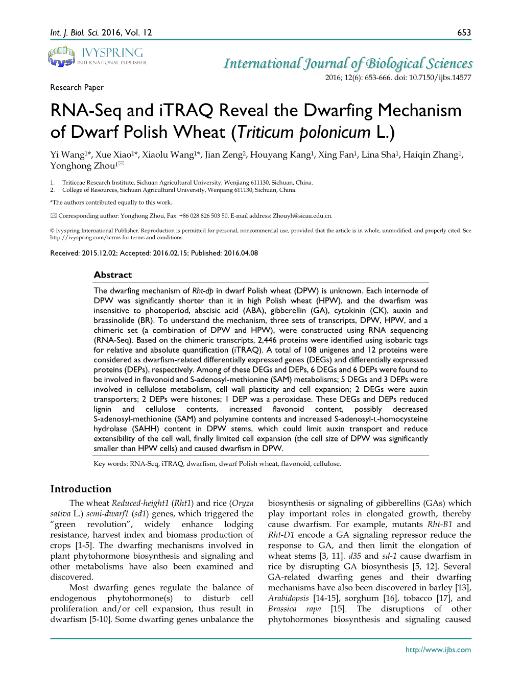 RNA-Seq and Itraq Reveal the Dwarfing Mechanism of Dwarf
