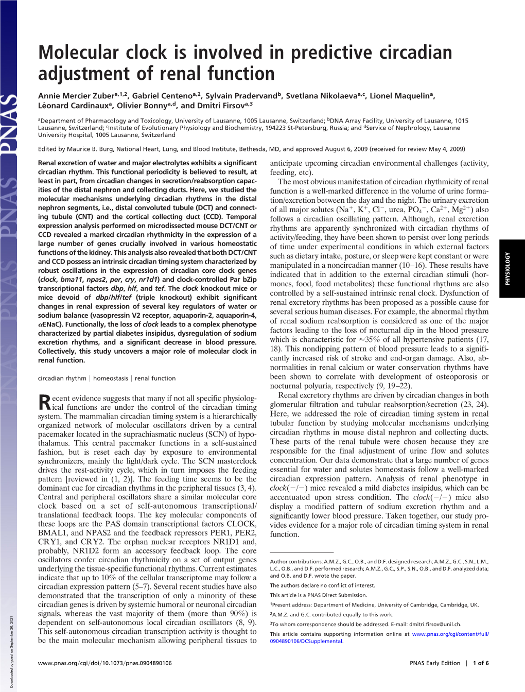 Molecular Clock Is Involved in Predictive Circadian Adjustment of Renal Function