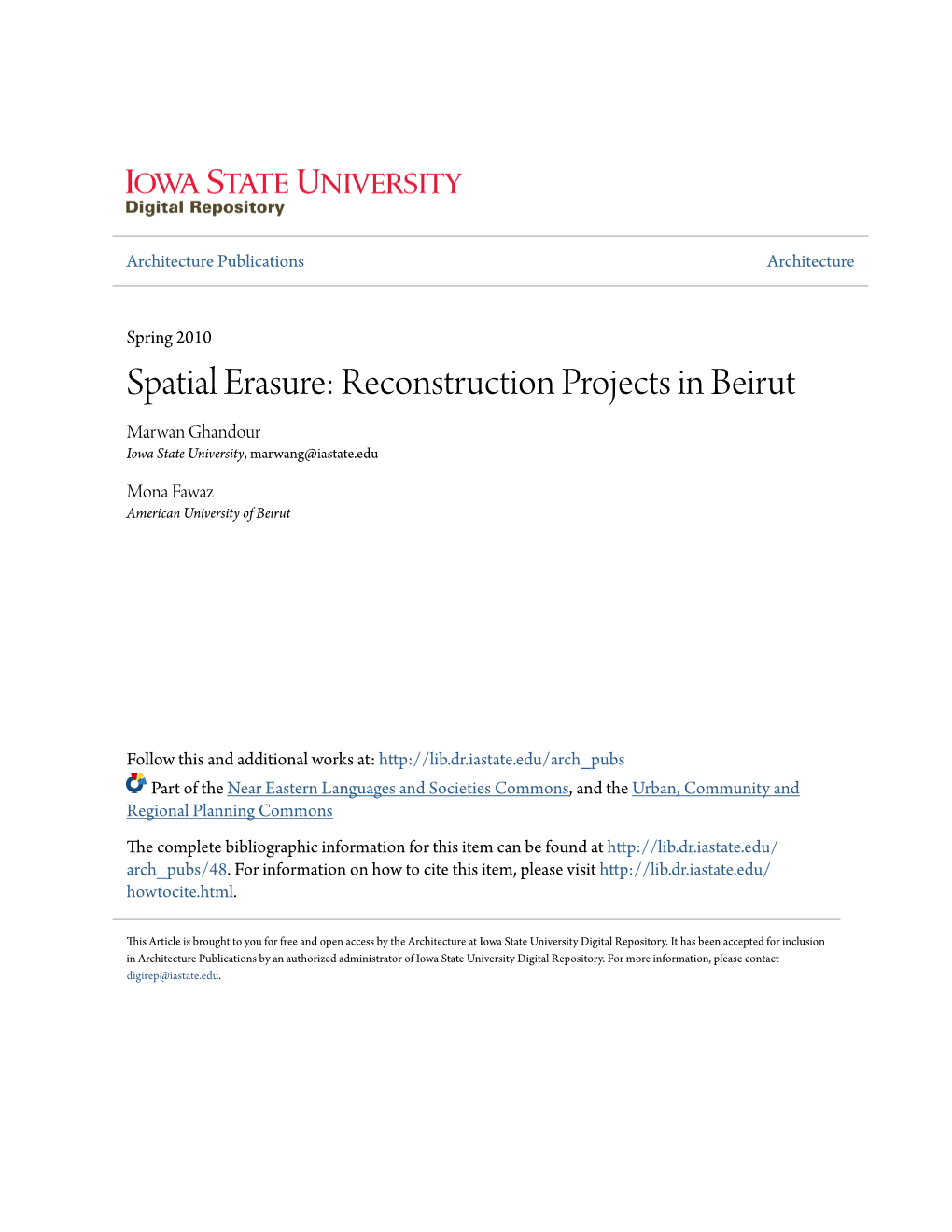 Reconstruction Projects in Beirut Marwan Ghandour Iowa State University, Marwang@Iastate.Edu