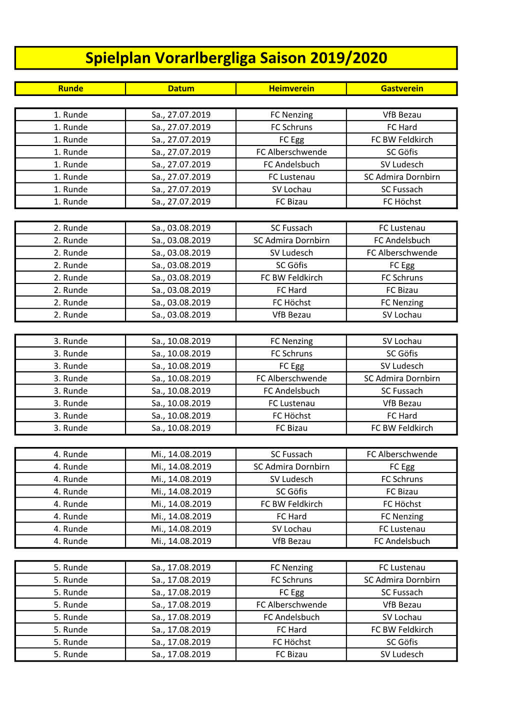 Spielplan Vorarlbergliga Saison 2019/2020