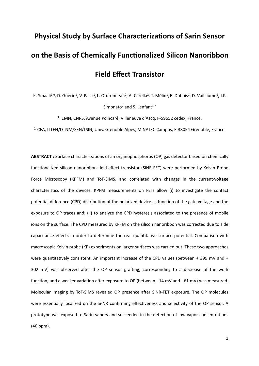 Physical Study by Surface Characteriza4ons of Sarin Sensor on the Basis of Chem