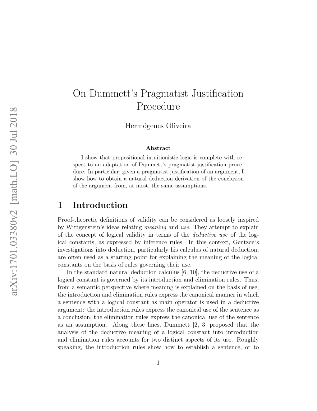 On Dummett's Pragmatist Justification Procedure