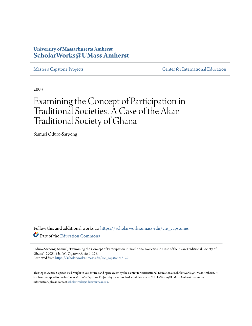 A Case of the Akan Traditional Society of Ghana Samuel Oduro-Sarpong