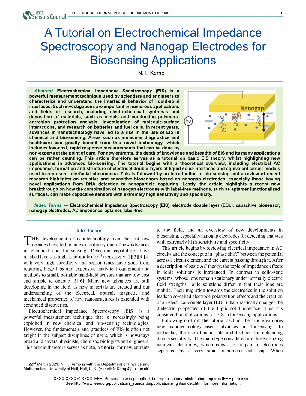 A Tutorial on Electrochemical Impedance Spectroscopy and Nanogap Electrodes for Biosensing Applications N.T
