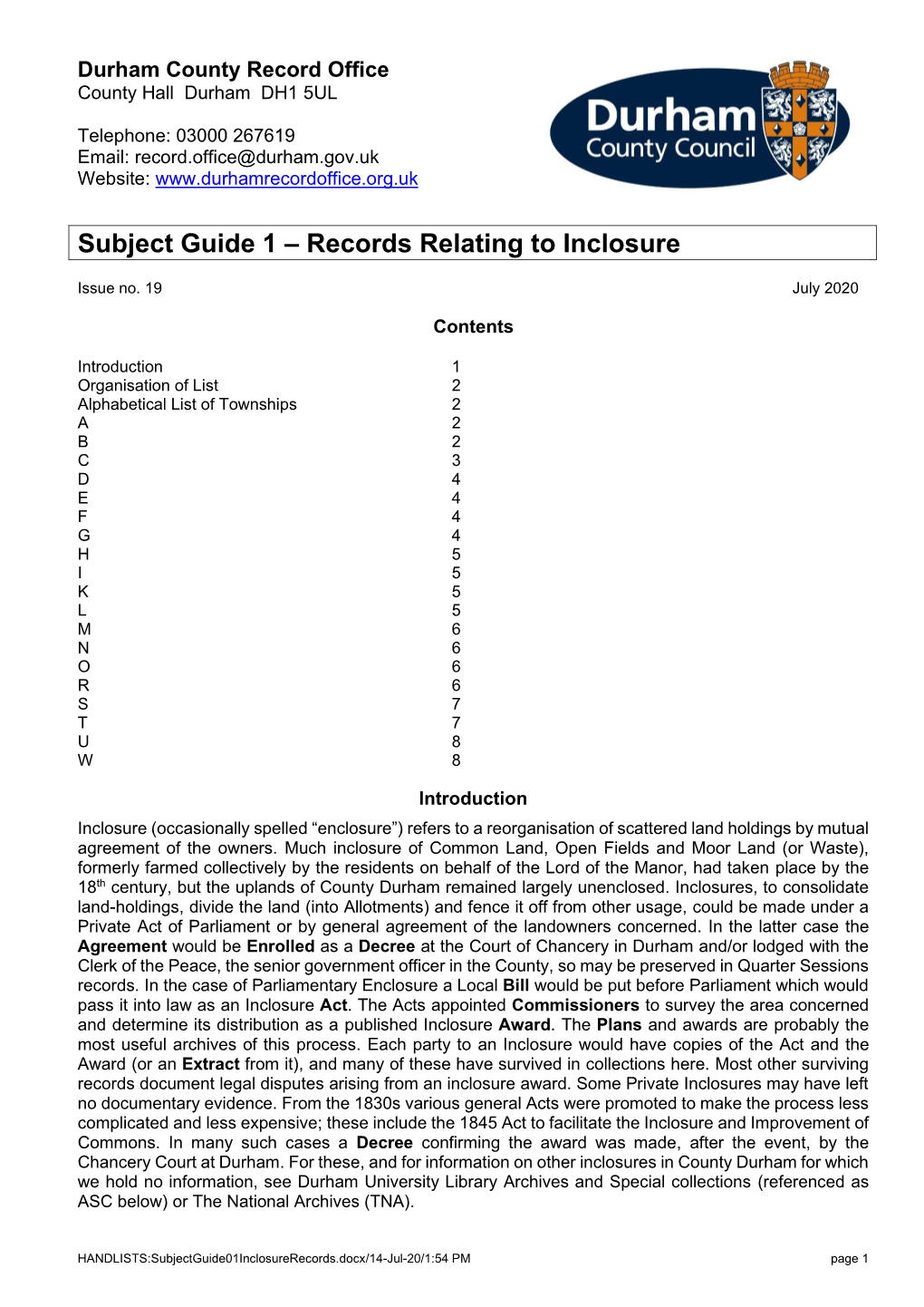 Subject Guide 1 – Records Relating to Inclosure