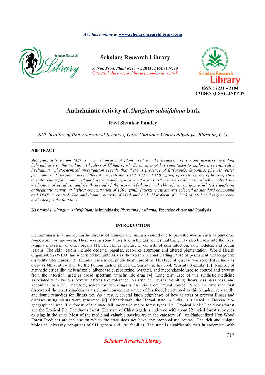 Anthelmintic Activity of Alangium Salviifolium Bark