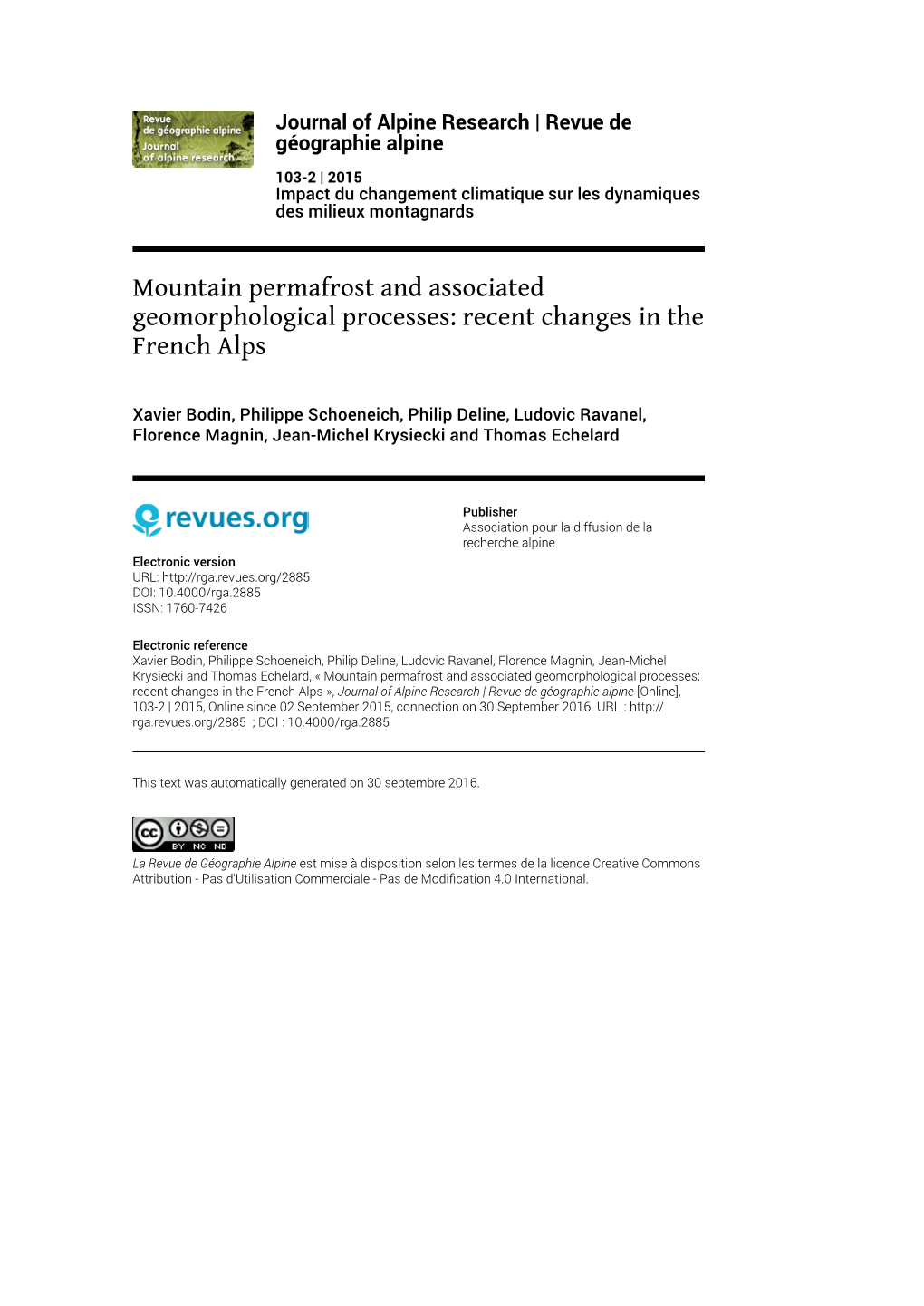 Mountain Permafrost and Associated Geomorphological Processes: Recent Changes in the French Alps