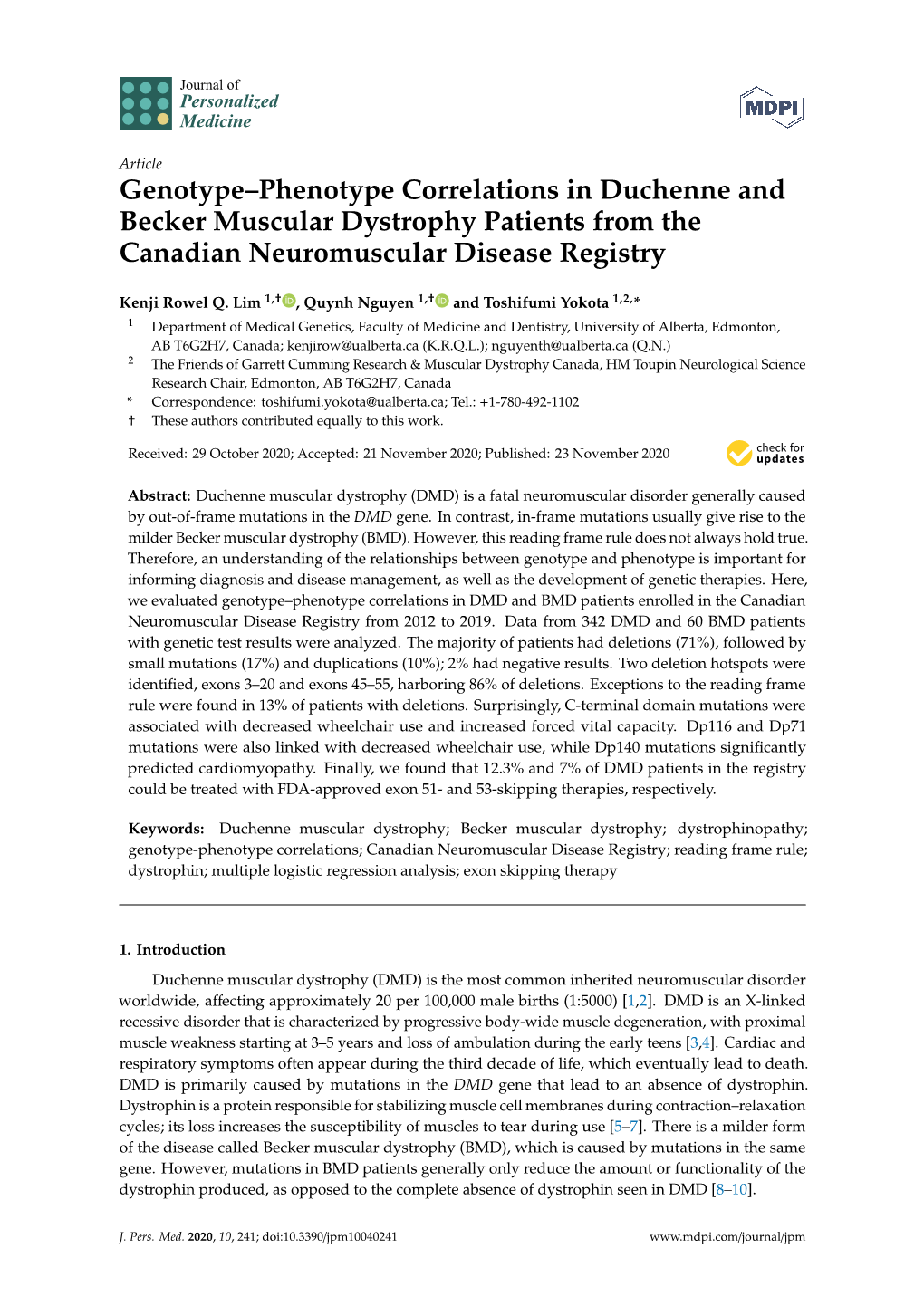 Genotype–Phenotype Correlations in Duchenne and Becker Muscular Dystrophy Patients from the Canadian Neuromuscular Disease Registry