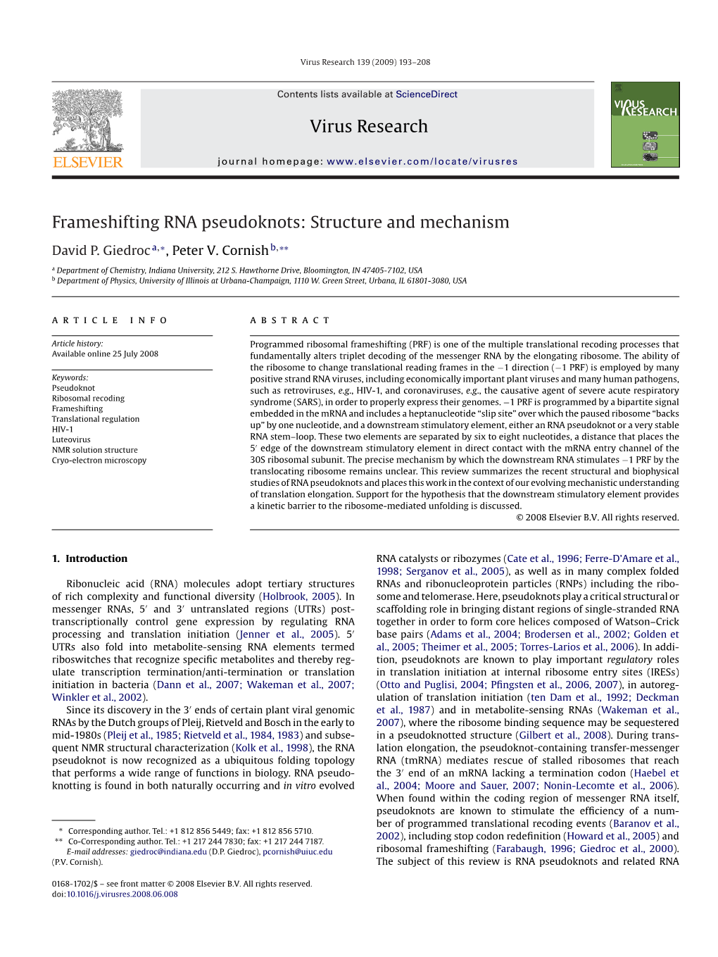 Virus Research Frameshifting RNA Pseudoknots