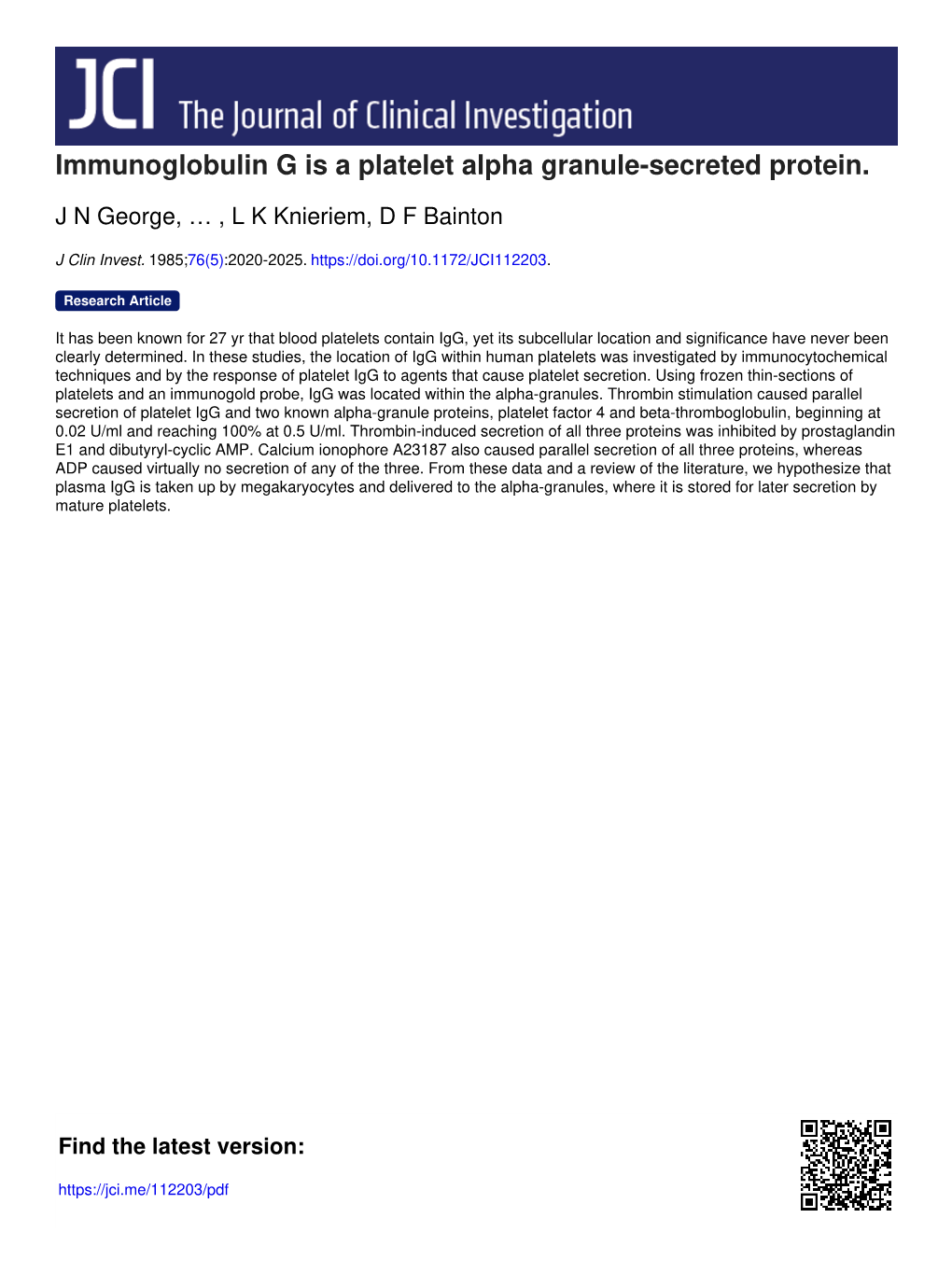 Immunoglobulin G Is a Platelet Alpha Granule-Secreted Protein