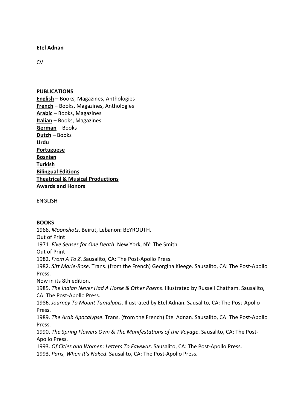 Etel Adnan CV PUBLICATIONS English