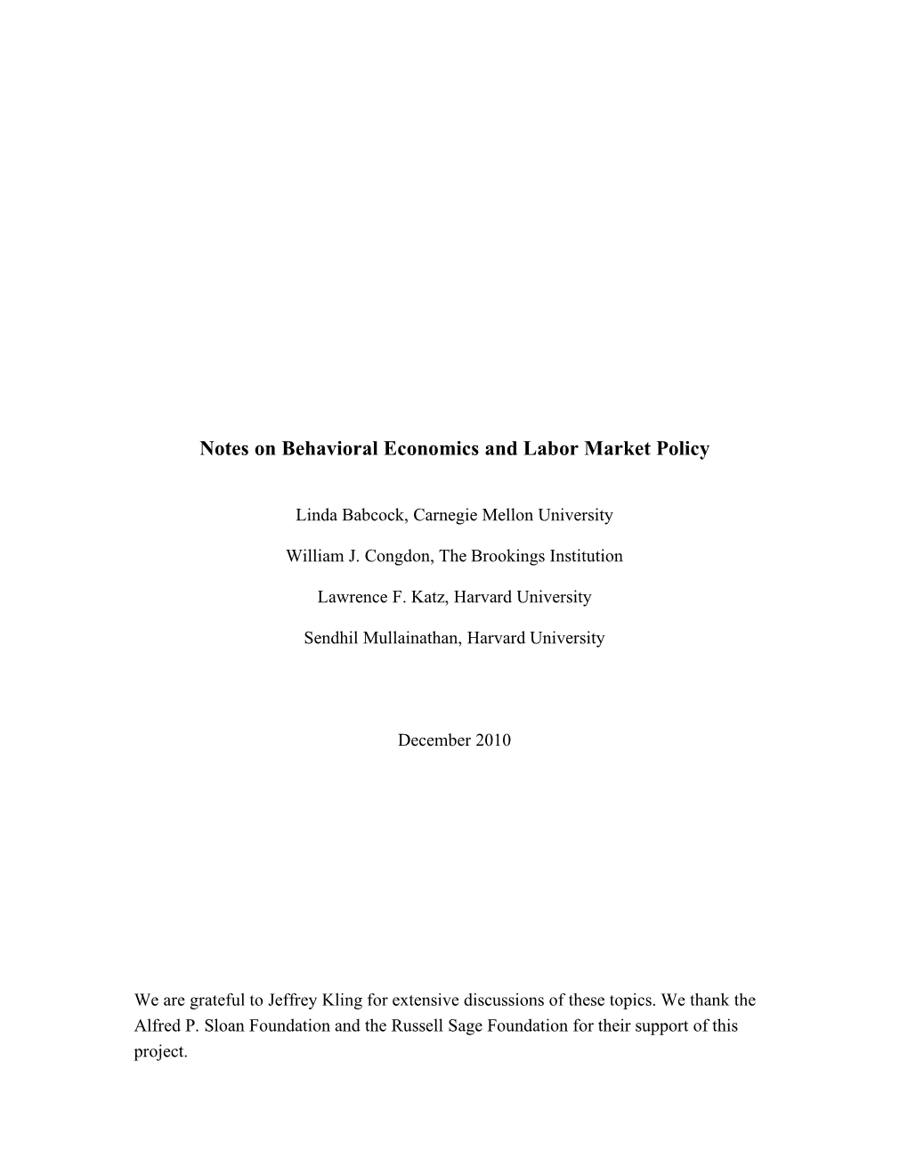 Notes on Behavioral Economics and Labor Market Policy