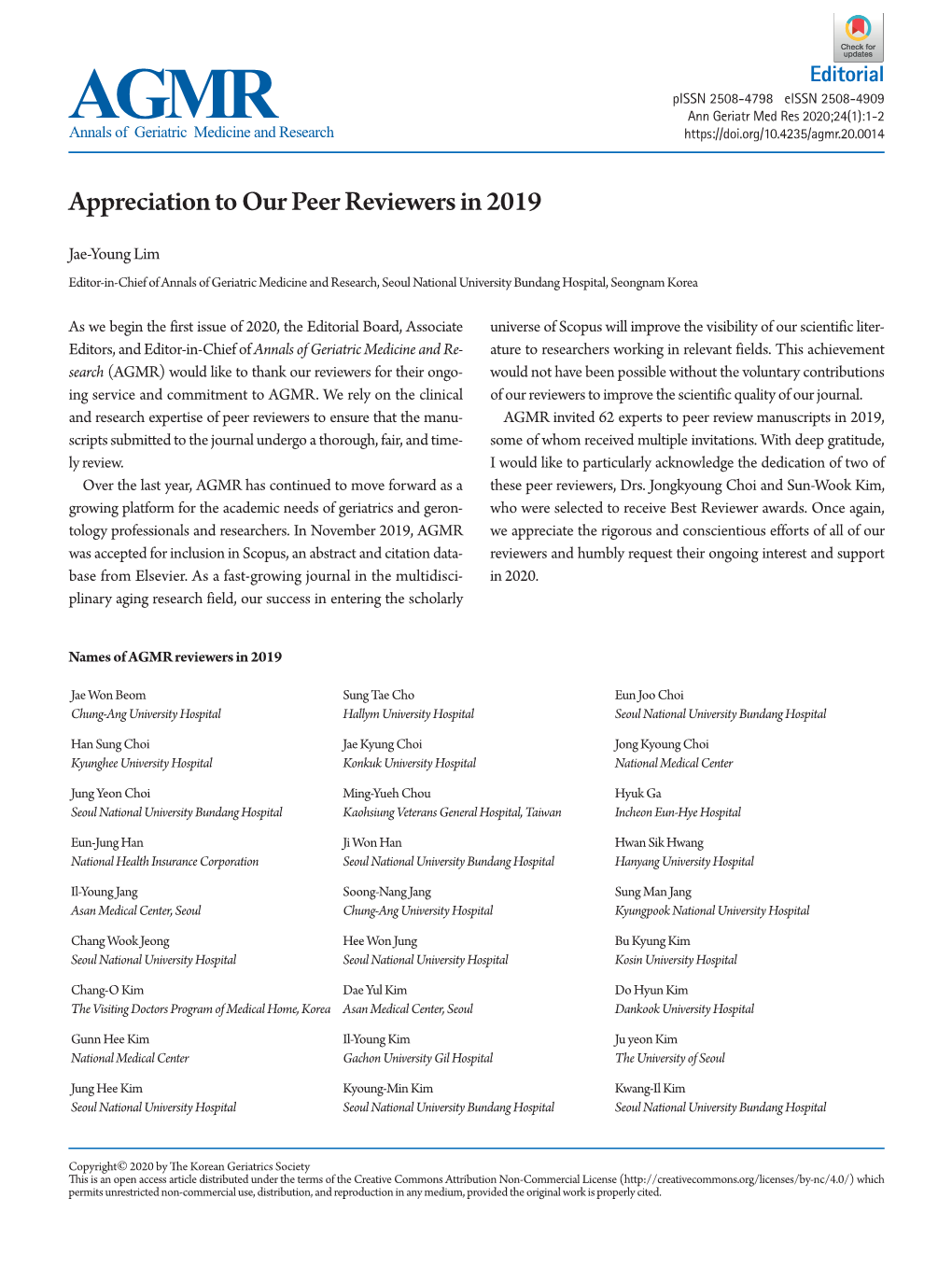 Appreciation to Our Peer Reviewers in 2019