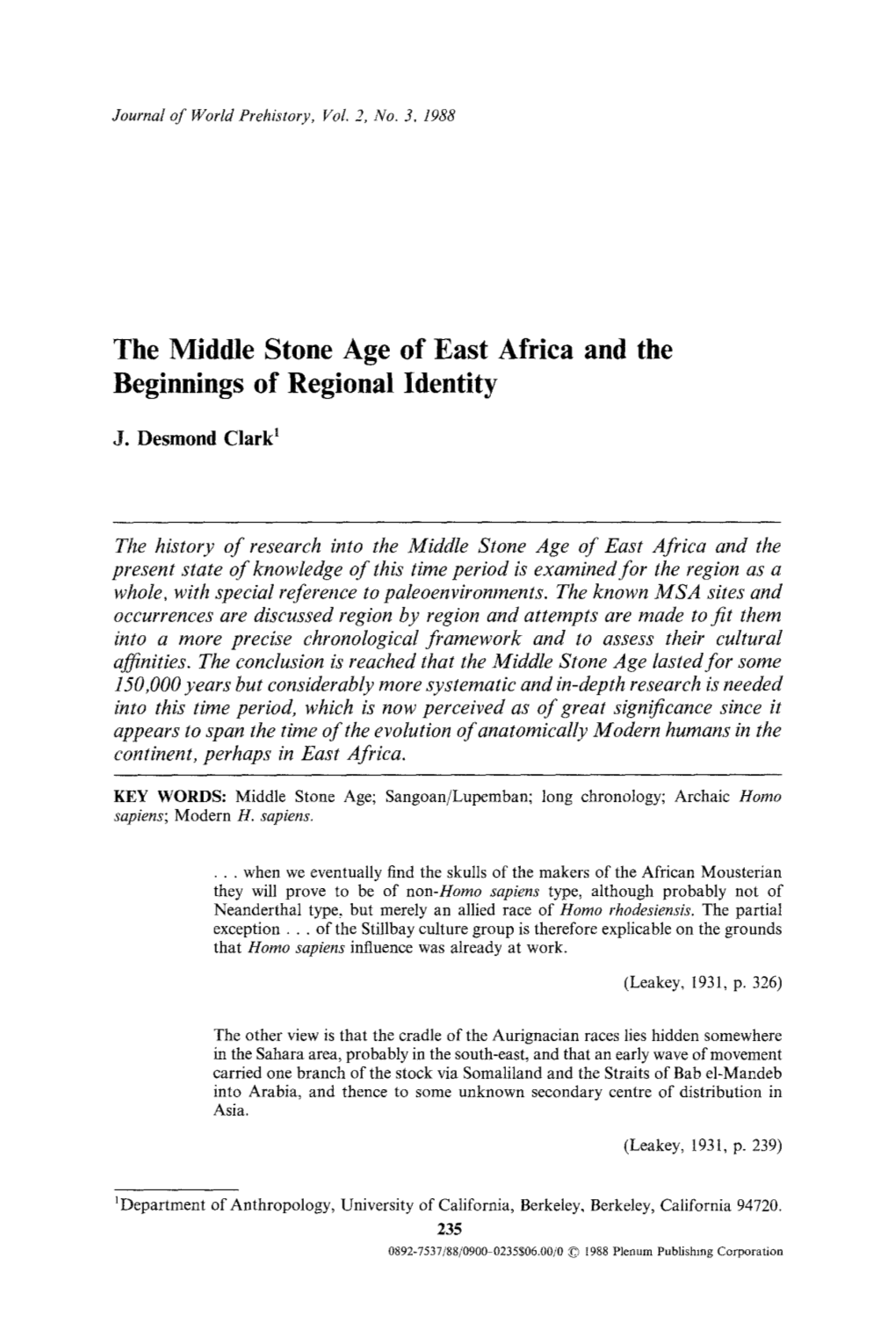 The Middle Stone Age of East Africa and the Beginnings of Regional Identity