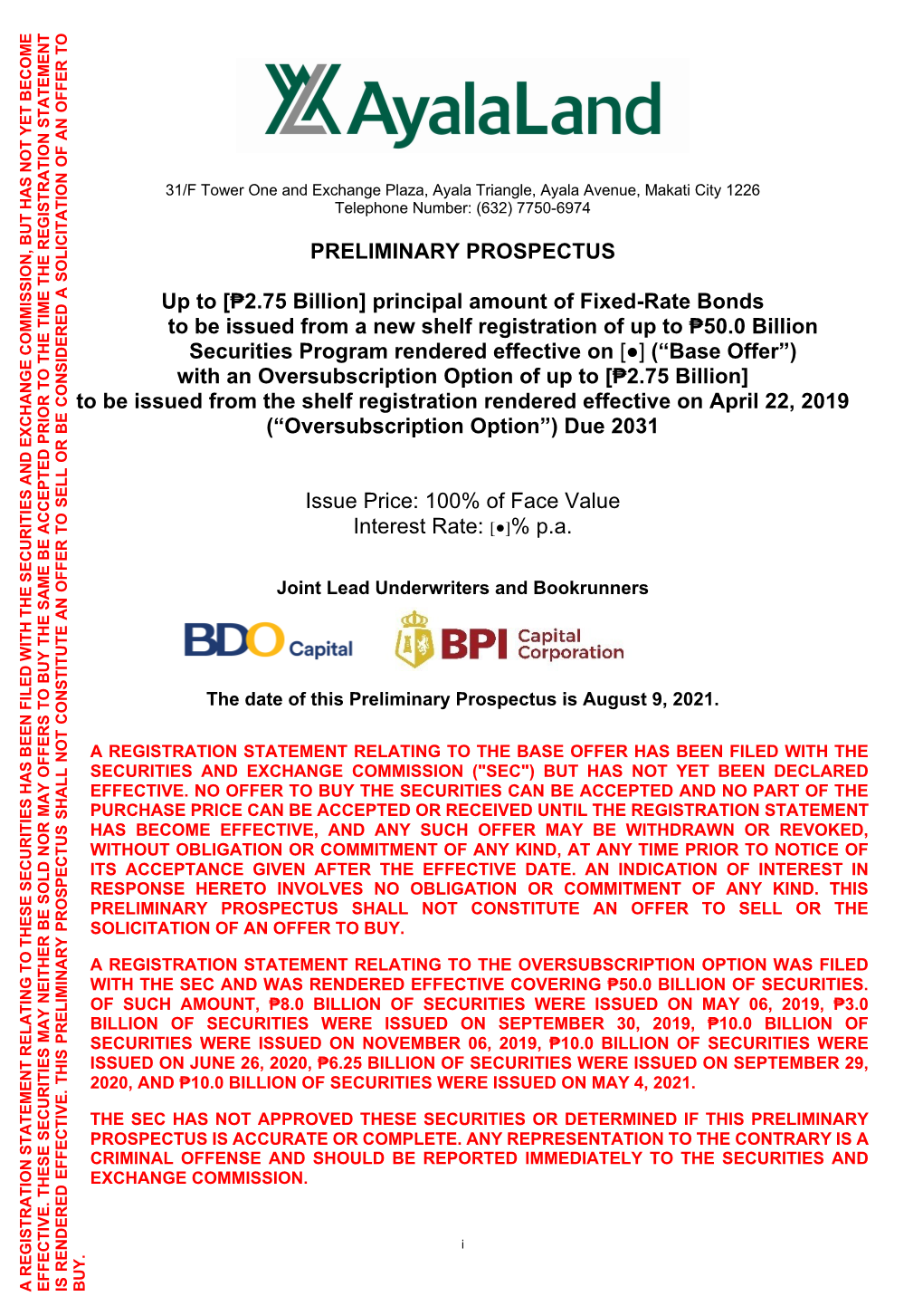 ALI Bonds Due 2031 Preliminary Prospectus