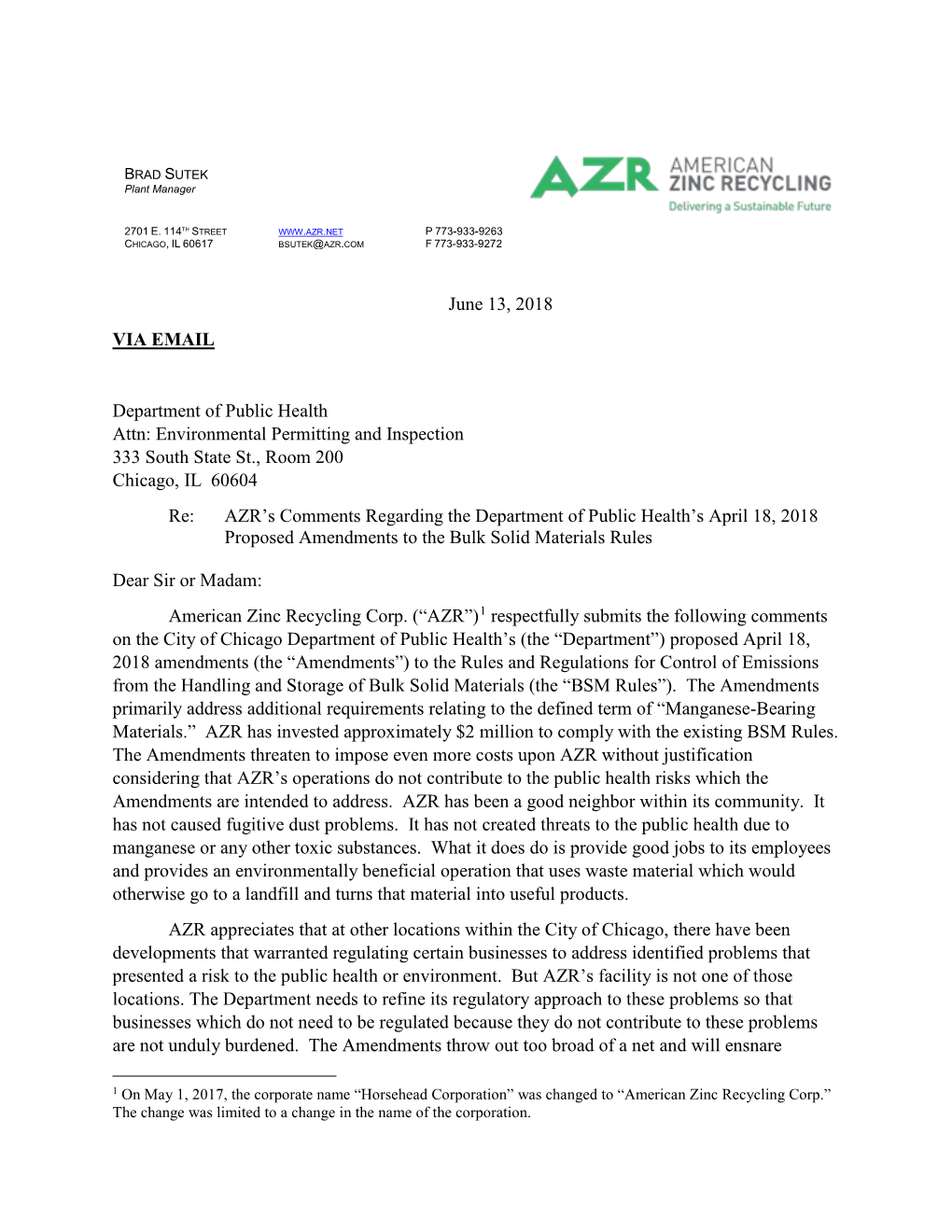 AZR's 6/13/18 Comments on Proposed Manganese