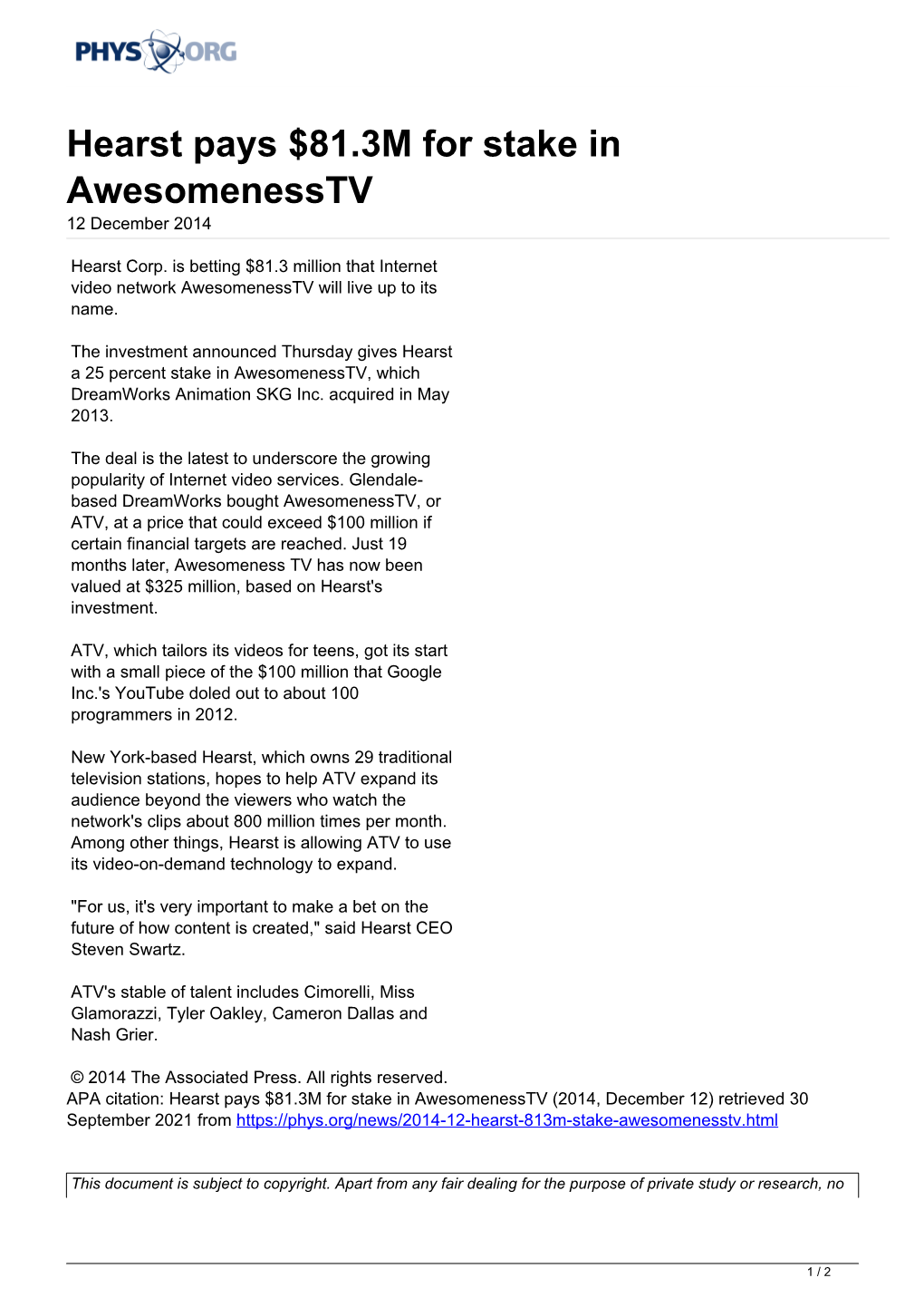 Hearst Pays $81.3M for Stake in Awesomenesstv 12 December 2014