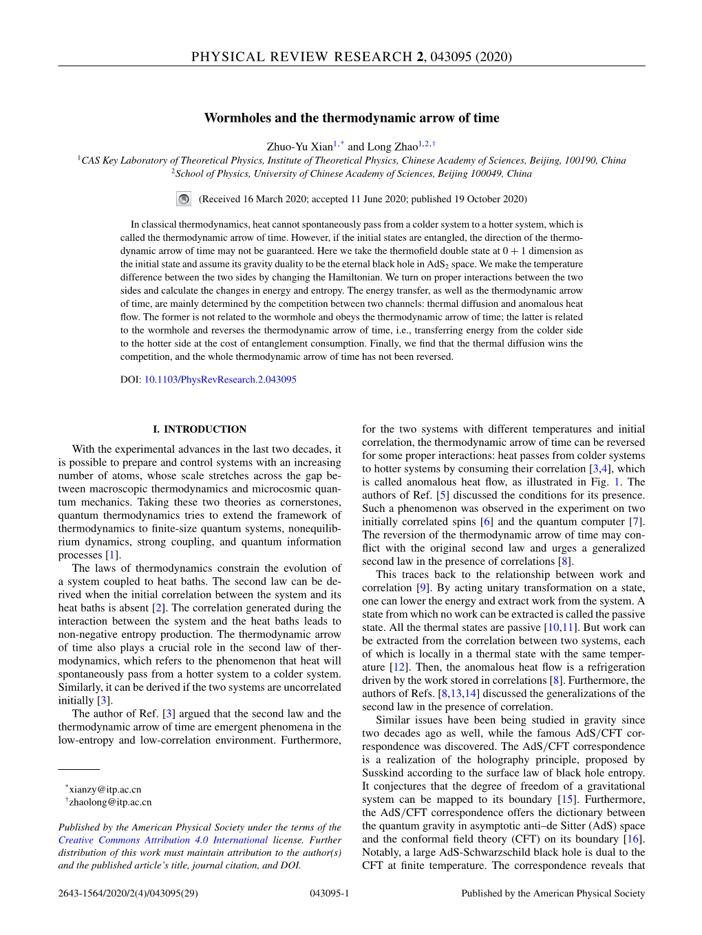 (2020) Wormholes and the Thermodynamic Arrow of Time