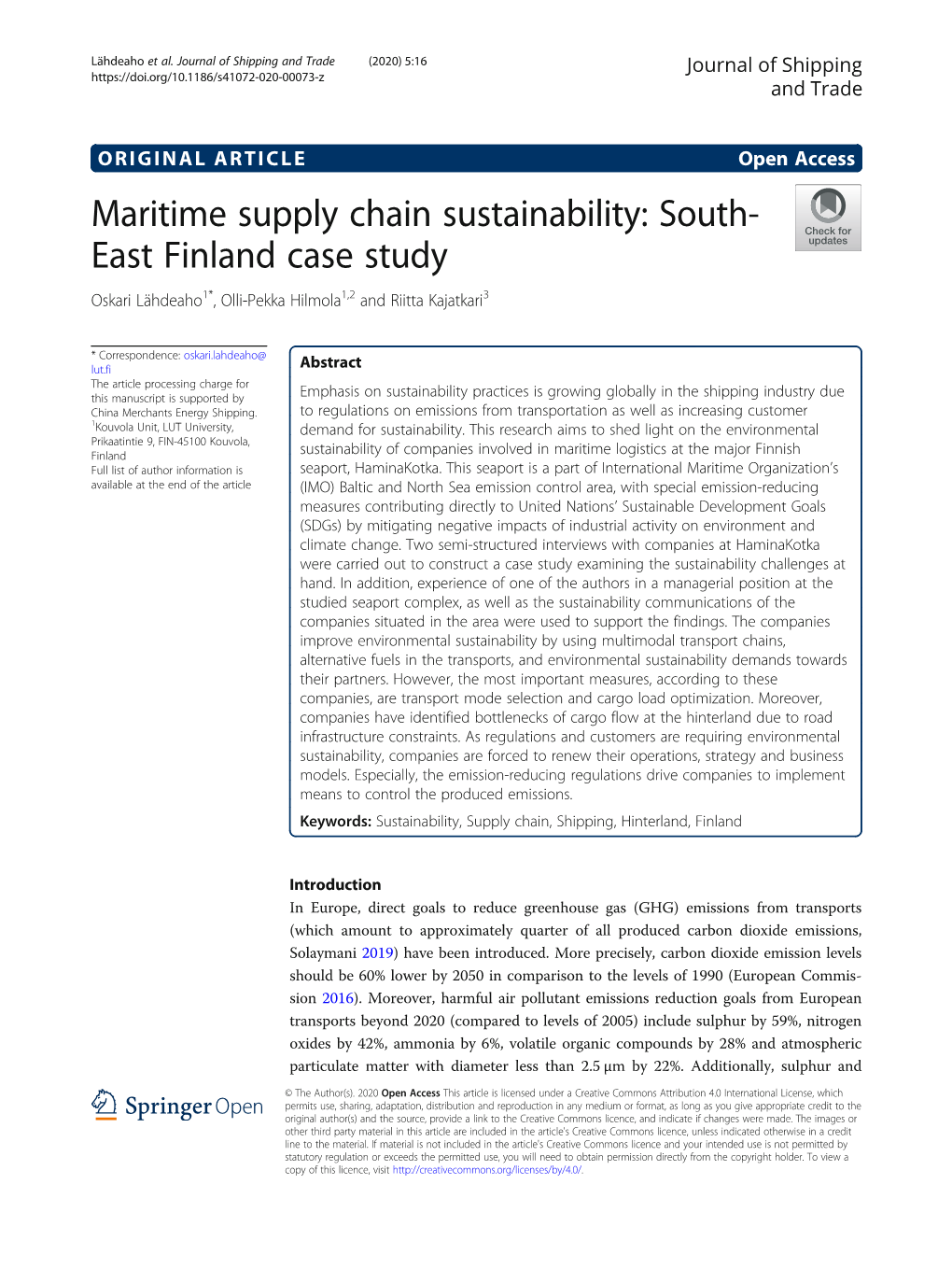 Maritime Supply Chain Sustainability: South-East Finland Case Study