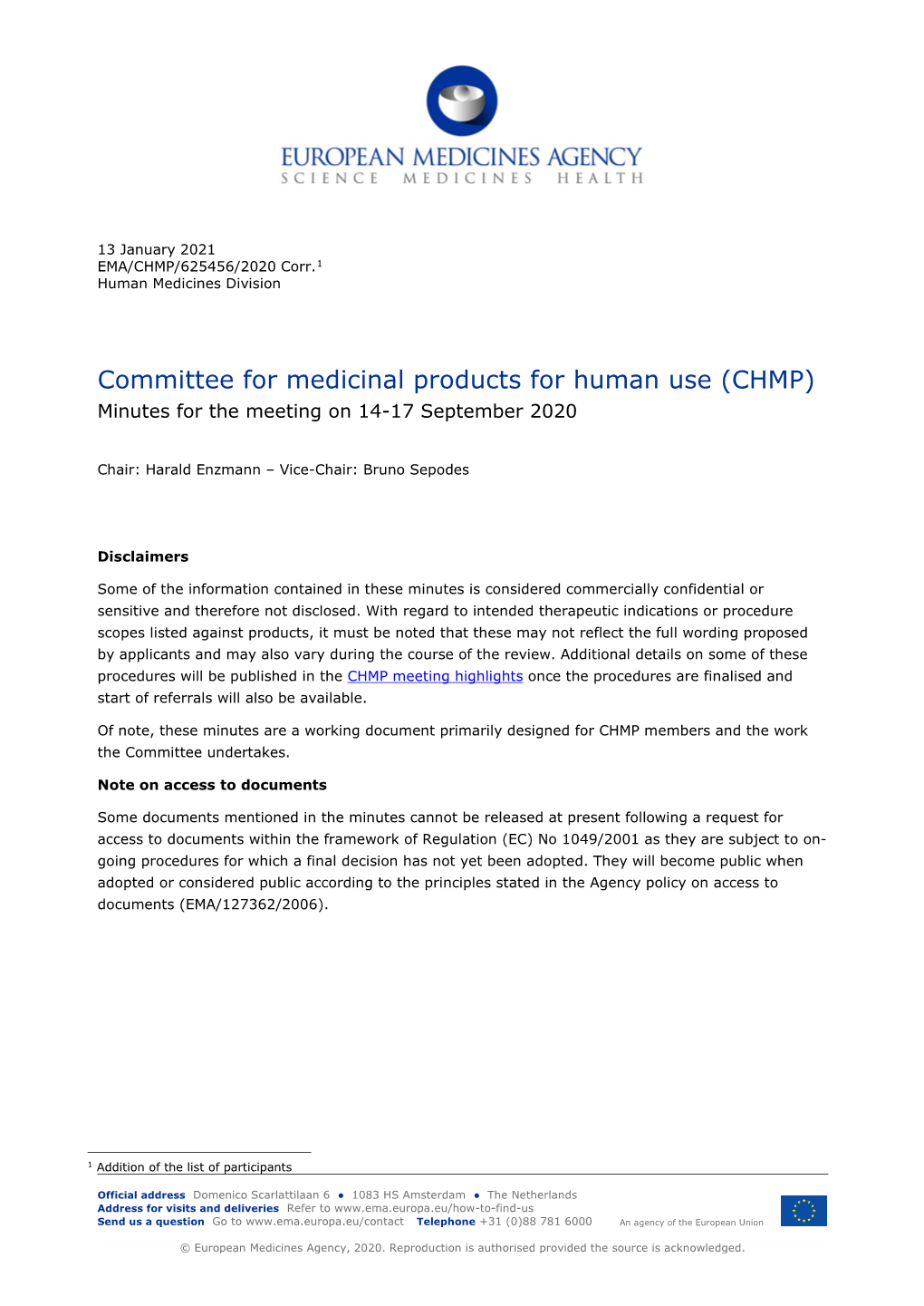 Minutes of the CHMP Meeting 14-17 September 2020